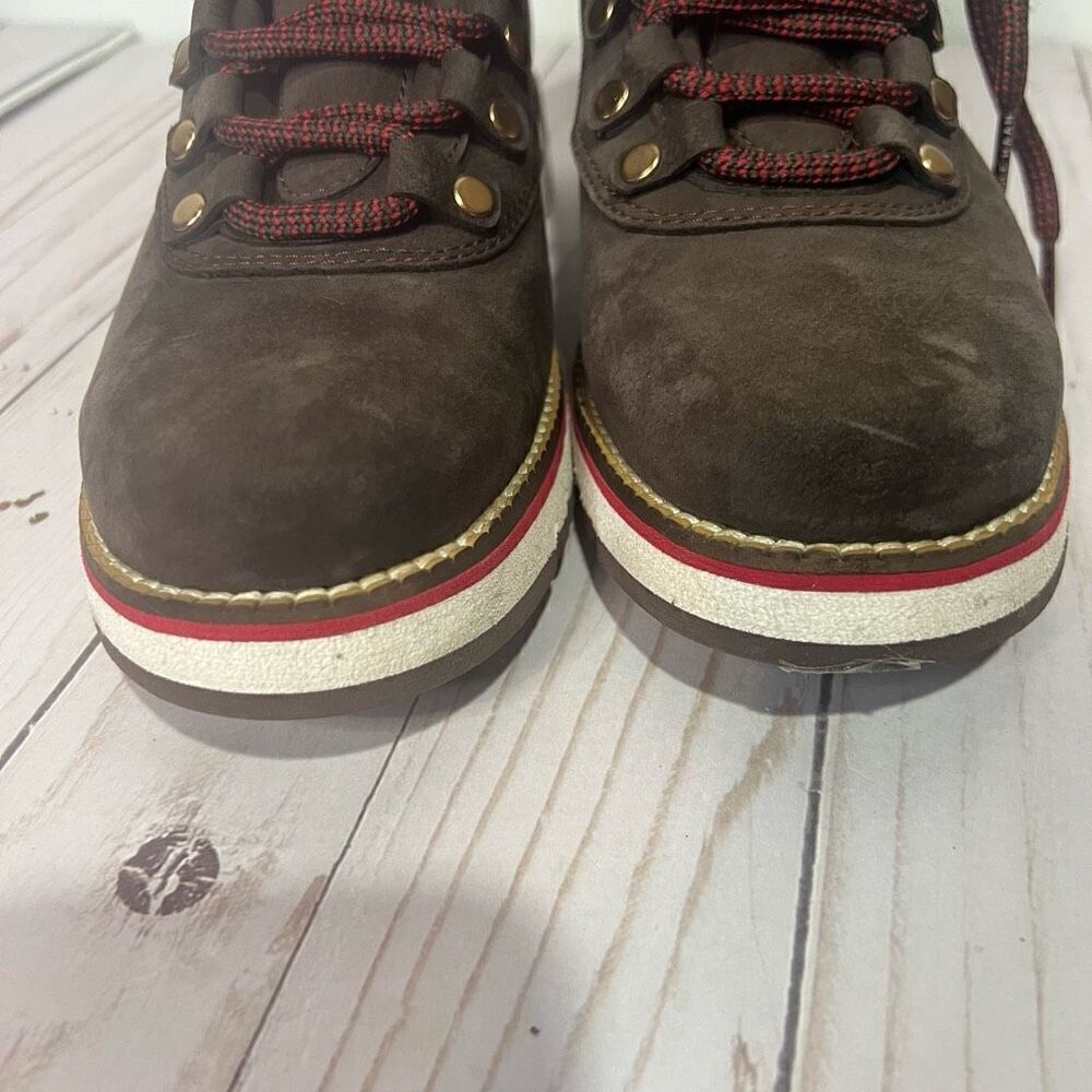 Cole Haan Grand Explore Brown Suede Ankle Boots Wool Buffalo Plaid Red Black Sz - Picture 6 of 10